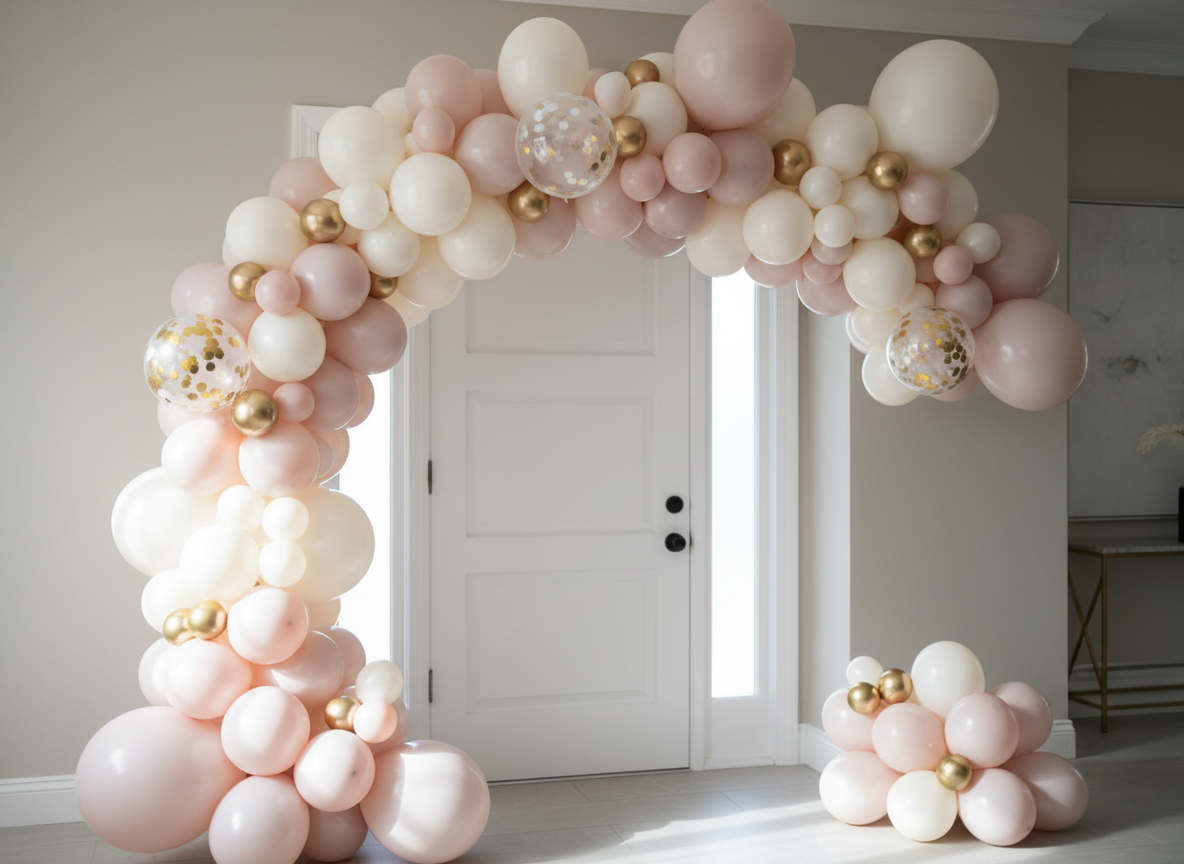 A grand organic balloon arch in soft ivory, blush, and champagne tones rises over an elegant entrance, each balloon with a satin-matte finish and subtle color variations. Delicate clusters of metallic gold accent balloons and a few clear balloons with confetti add sparkle. The arch frames a simple white doorway with clean lines and neutral walls, allowing the design to stand out. Soft, diffused natural daylight washes in from the side, creating gentle highlights and faint shadows on each curve. Photographic realism, shot at eye level with a slight angle, using a shallow depth of field so the background softly blurs, emphasizing the luxurious, picture-perfect balloon installation and a calm, upscale, celebratory atmosphere.