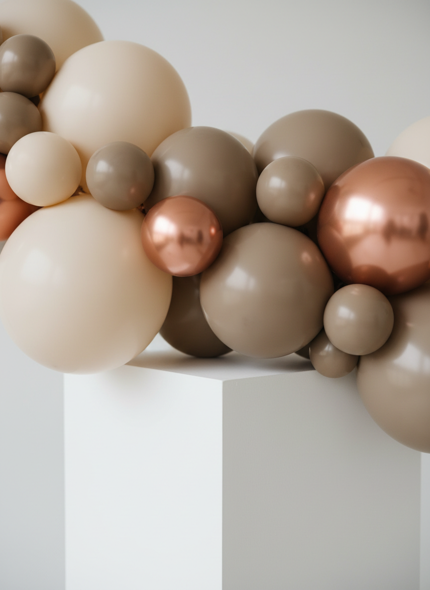 A close-up, detail-focused shot of a custom balloon garland connection, showing precisely arranged clusters of matte and glossy balloons in varying sizes—cream, taupe, mocha, and chrome copper. The image highlights the craftsmanship: tight knots are hidden, and the balloons appear seamlessly intertwined. The garland drapes over the corner of a sleek white pedestal. Soft overhead studio lighting creates subtle specular highlights and smooth gradients across each balloon’s surface. Photographic realism, captured at a shallow angle with macro-like depth of field, so the foreground balloons are crisply sharp while the pedestal edge and background gently blur. The mood is refined and professional, emphasizing quality, texture, and the elevated artistry of balloon installations.