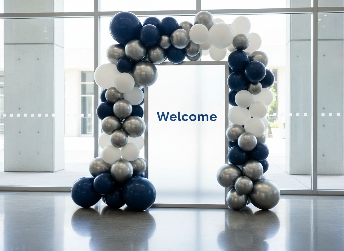 A modern corporate event entrance display with a structured balloon garland in navy, slate gray, white, and metallic silver wrapping cleanly around a sleek freestanding sign that reads “Welcome” in minimalist typography. The balloons vary in size for a sculpted, professional look, some with a subtle pearlescent sheen. The setup stands in a bright, contemporary lobby with polished concrete floors and glass walls. Cool, diffused daylight streams through the glass, creating crisp reflections on metallic balloons and subtle shadows on the floor. Photographic realism, captured from a slightly low angle to make the installation feel grand and impactful, with a balanced composition that feels polished, high-end, and perfectly suited for corporate gatherings and launches.