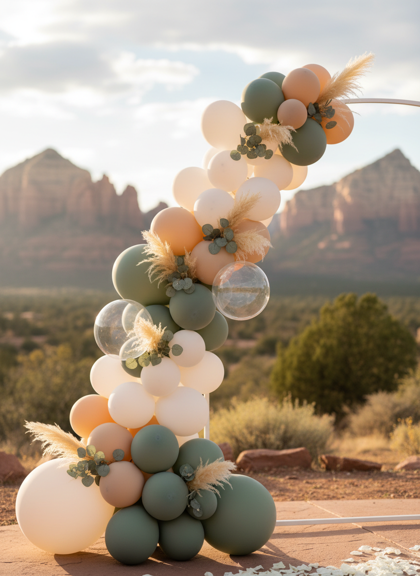 An enchanting wedding ceremony backdrop featuring an asymmetrical balloon installation climbing up one side of a simple white arch frame. Balloons in soft white, sand, sage, and pale peach are mixed with a few translucent balloons and sprigs of faux eucalyptus and pampas grass woven between them. The scene is set outdoors in Northern Arizona, with distant blurred red rock formations and soft greenery in the background. Warm late-afternoon sunlight backlights the arch, creating a gentle halo effect around the balloons and plants, while the foreground remains softly illuminated. Photographic realism, shot at a three-quarter angle with a shallow depth of field, evoking a romantic, dreamy, and elevated wedding atmosphere.