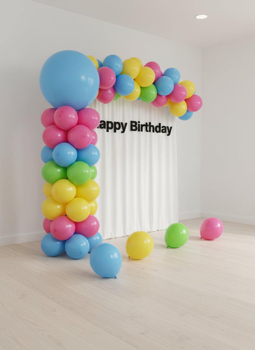 A playful kids’ birthday setup showcasing a vibrant balloon column and mini-arch in bright sky blue, sunshine yellow, lime green, and hot pink, each balloon glossy and perfectly round. The installation frames a simple white backdrop with a minimal “Happy Birthday” sign in bold lettering. On the floor, a few oversized balloons rest casually, adding depth and fun. The setting is a clean indoor space with light wood flooring and plain white walls so the colors pop. Soft studio lighting from above and slightly to the side creates luminous highlights and soft-edged shadows. Photographic realism, captured from a slightly elevated angle with sharp focus, producing a cheerful, energetic, and family-friendly scene ideal for marketing balloon décor services.