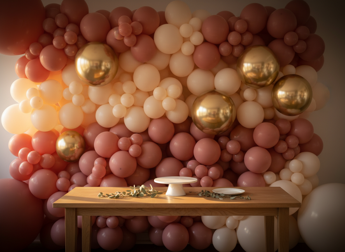 A meticulously styled dessert table backdrop featuring a full balloon wall in shades of dusty rose, terracotta, cream, and muted mauve, each balloon tightly packed to form a lush, cloud-like surface. Interspersed are a few oversized chrome gold balloons for depth and shine. In front, a simple white cake stand and minimal décor sit on a sleek wooden table. Warm golden hour light enters from an unseen window, grazing the balloon textures and creating a soft glow. Photographic realism with a straight-on composition, sharp focus on the balloon wall, and slight vignette around the edges, conveying a cozy, modern, Instagram-ready celebration setting for events and parties.
