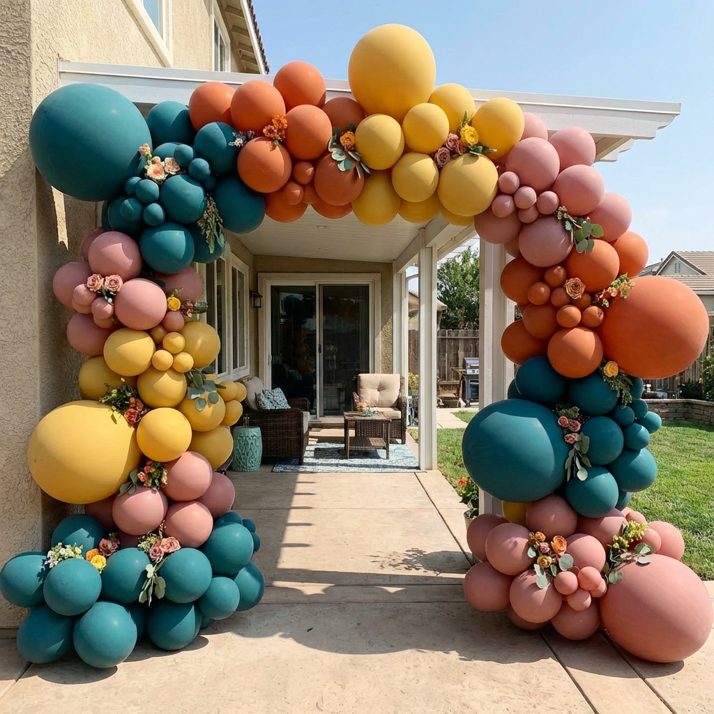 An archway made of colorful, varied-sized balloons and flowers framing a patio entrance.