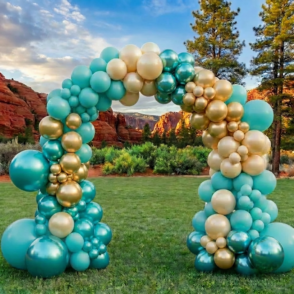 Vibrant tropical-themed balloon arch for outdoor celebration Vibrant outdoor party setting featuring a large multi-colored balloon arch with tropical leaves and pampas grass.